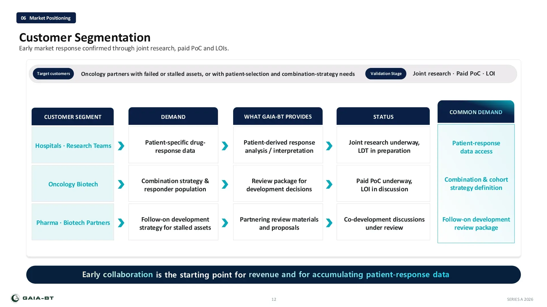 Market positioning: customer segmentation — segments, demand, what GAIA-BT provides and status