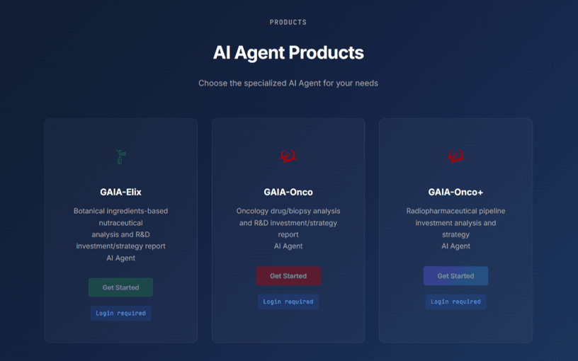 Screenshot of GAIA-BT's AI Agent Products page listing GAIA-Elix, GAIA-Onco, and GAIA-Onco+.